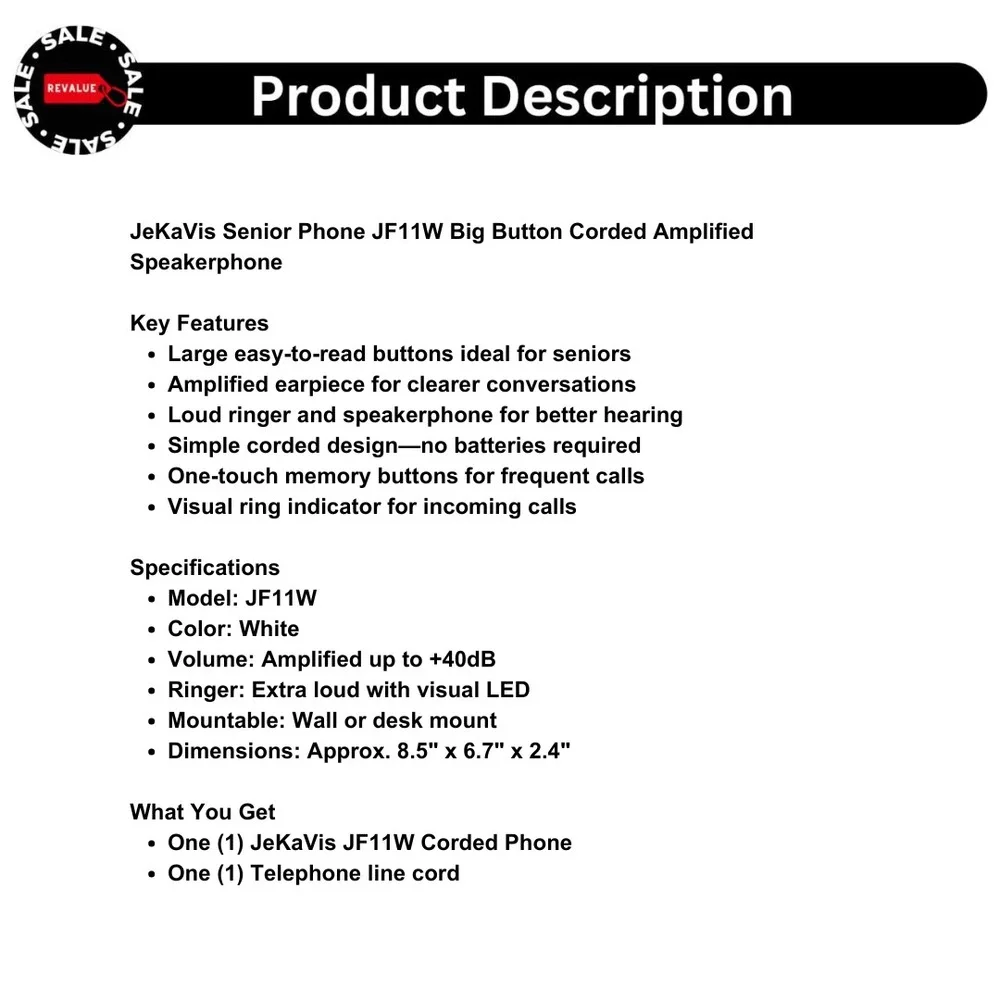 JeKaVis Senior Phone JF11W Big‎ Button Corded Amplified Speakerphone